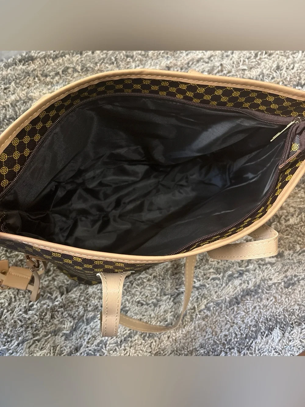 Brown Patterned Tote Bag with Tan Trim